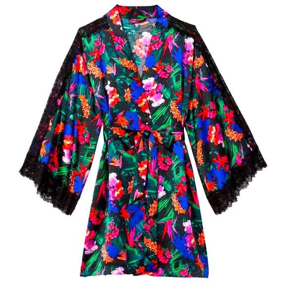 New Sexy Chantilly Lace Shoulder Satin Tropical Floral Kimono Robe XS/S or M/L
